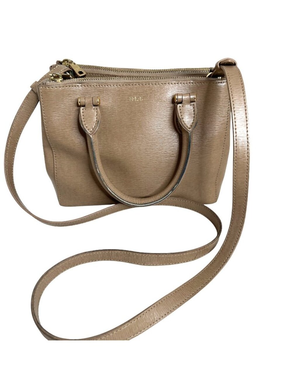 Ralph Lauren Beige Faux Leather Crossbody Bag With Dual-Zip Compartments